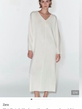 Zara Cream V-Neck Long Sleeve Midi Dress